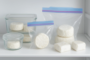 An organized arrangement of various airtight storage solutions for goat cheese: small glass containers, resealable plastic bags, and wax paper-wrapped portions in a fridge, emphasizing best practices.
