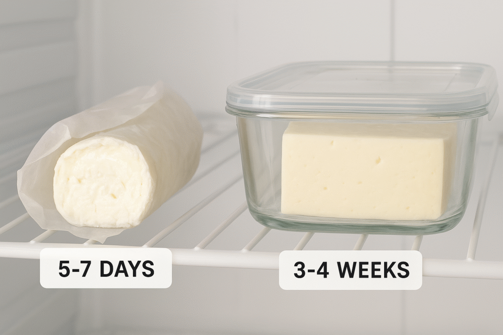 A visual comparison showing a soft, opened chèvre log wrapped in paper (labeled '5-7 Days') next to a block of aged goat cheese (labeled '3-4 Weeks') inside a refrigerator.