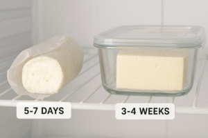 A visual comparison showing a soft, opened chèvre log wrapped in paper (labeled '5-7 Days') next to a block of aged goat cheese (labeled '3-4 Weeks') inside a refrigerator.