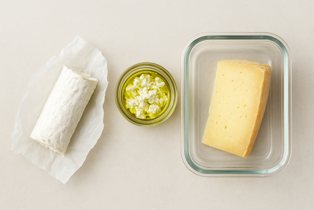 An organized flat-lay of goat cheese storage options: a partially used chèvre log wrapped in paper, a glass jar with olive oil, and an airtight container, symbolizing proper freshness practices.