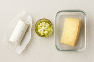 An organized flat-lay of goat cheese storage options: a partially used chèvre log wrapped in paper, a glass jar with olive oil, and an airtight container, symbolizing proper freshness practices.