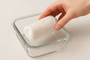 A close-up of a goat cheese log being neatly wrapped in wax paper and then placed into an airtight glass container, showing the correct two-step process.
