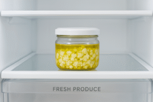 A clear glass jar filled with goat cheese crumbles preserved in olive oil, positioned in the vegetable drawer of a refrigerator.
