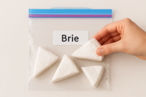 Small, tightly wrapped portions of Brie cheese being placed into a clear, labeled, freezer-safe zip bag to prevent freezer burn.
