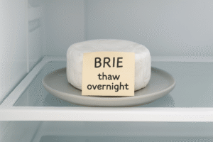 A wrapped portion of frozen Brie cheese resting on a small plate inside the refrigerator, illustrating the required slow, overnight thawing process.