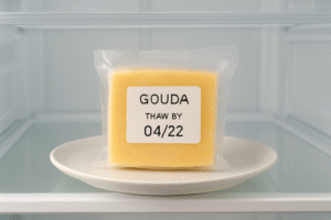 A vacuum-sealed or tightly wrapped portion of frozen Gouda cheese resting on a plate inside the refrigerator, emphasizing the required 24-36 hour slow thaw.