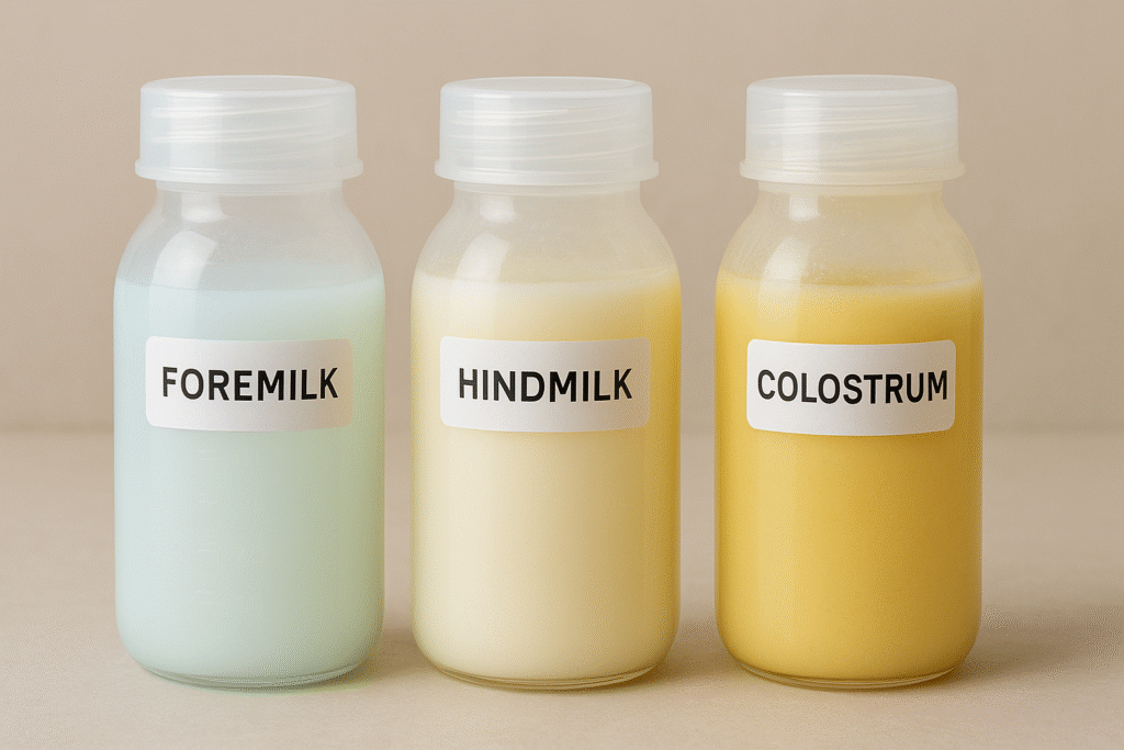 A clear visual comparison of three distinct breast milk colors: bluish/clear (foremilk), creamy white (hindmilk), and yellow/golden (colostrum), labeled clearly.