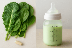 A visual split showing leafy green vegetables/supplements on one side, and on the other, milk with a slight green tint, illustrating dietary influence.