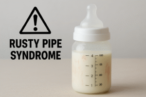 A high-contrast visual showing a glass bottle of milk with a faint, unusual pink or brown streak, symbolizing the need to consult a healthcare provider.