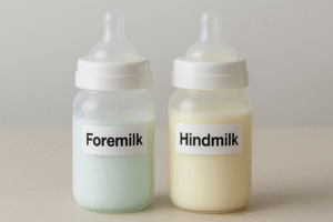 A clear side-by-side comparison of two breast milk bottles: one with thin, bluish foremilk and another with thick, creamy hindmilk, clearly labeled.