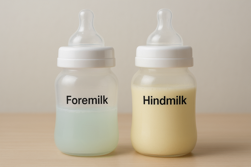A clear side-by-side comparison of two breast milk bottles: one with thin, bluish foremilk and another with thick, creamy hindmilk, clearly labeled.
