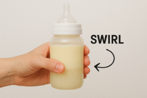 A transparent bottle of breast milk clearly showing natural fat separation into a creamy top layer and a watery bottom layer, with a hand gently swirling it.