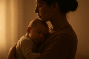 A mother holding her satisfied, content baby close after a successful feed, suggesting a long and effective feeding session to reach hindmilk.