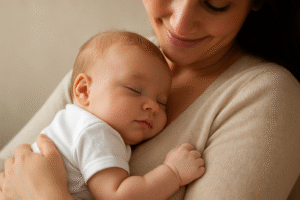 Generate a warm, comforting, and practical photograph in a **4:3 landscape aspect ratio**. Show a mother holding her **satisfied, content, and sleepy baby** very close to her chest (focusing on the baby's face and mother's arms). The mother is smiling gently down at the baby. The image should convey the idea of a **long, successful feeding session** leading to the baby's complete satiety.