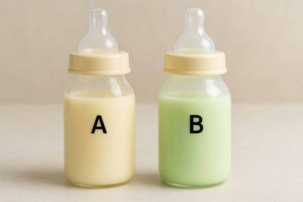 A clear visual comparison of two distinct breast milk colors: one bottle showing normal creamy milk and the adjacent bottle showing a subtle, natural green tint.
