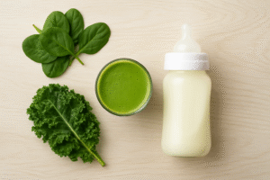 A flat-lay of vibrant green foods (spinach, kale, green smoothie) next to a bottle of milk, visually suggesting a direct dietary link to milk color change.