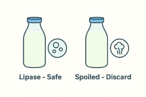 A graphic illustrating the difference between a safe, soapy/metallic smell (Lipase) and an unsafe, sour/rancid smell, using simple icons.