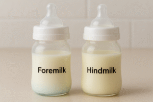 A clear side-by-side comparison of two breast milk bottles: one with thin, bluish foremilk and another with thick, creamy hindmilk, clearly labeled.