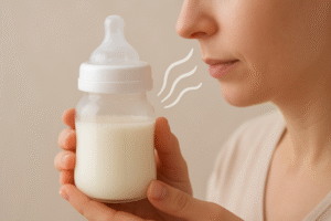 A pair of hands gently holding a baby bottle containing a milky white liquid, with a subtle graphic indicating a "smell check," symbolizing the first step in identifying unusual odors.