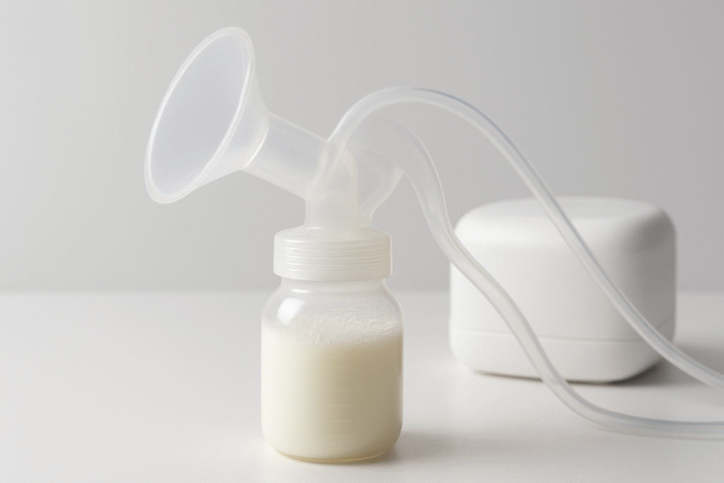 A close-up of a milk collection bottle during pumping, showing a noticeable layer of foam or bubbles forming on the surface of the expressed milk.