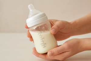 A pair of hands gently swirling a stored bottle of breast milk to mix the layers without shaking, symbolizing the correct technique for handling frothy or separated milk.