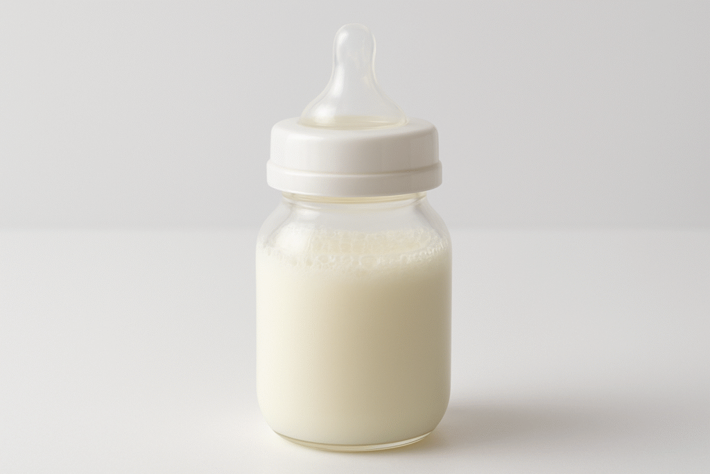 A close-up of a baby bottle filled with freshly expressed breast milk, showing a distinct layer of frothy bubbles or foam on the surface.