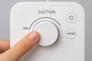 A close-up of a hand adjusting the dial or buttons on a breast pump to a lower suction or speed setting, indicating control over milk flow.