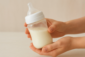 A pair of hands gently swirling a stored bottle of breast milk to mix the layers without shaking, symbolizing the correct technique for handling frothy or separated milk.