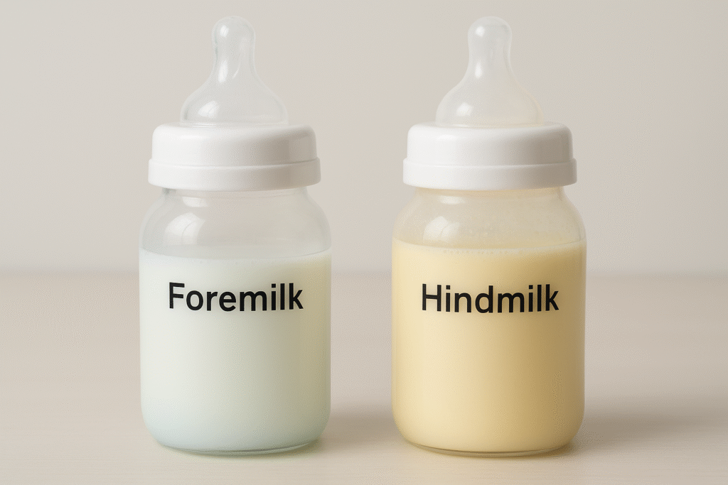 A clear side-by-side comparison of two breast milk bottles: one with thin, bluish foremilk and another with thick, creamy hindmilk, clearly labeled.