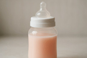 A clear close-up of a baby bottle containing a milky liquid with a subtle, non-alarming pink or reddish tint, representing the temporary color change.