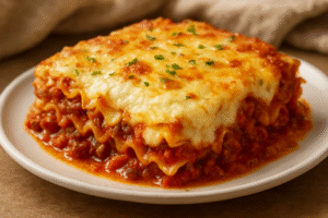 An appetizing close-up of a lasagna or baked casserole dish with a creamy, melted soft cheese layer, showcasing the best culinary use for thawed soft cheese.
