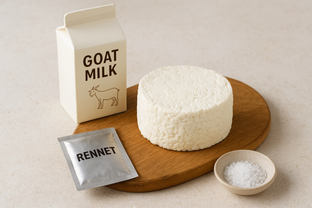 A beautifully plated homemade chèvre goat cheese round, surrounded by its simple 3 ingredients: goat milk, a small packet of culture/rennet, and salt.