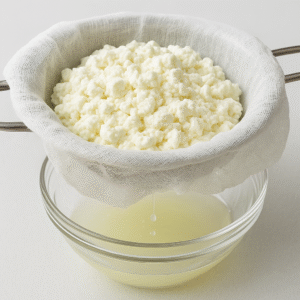 A close-up of a colander lined with cheesecloth, where soft, white curds are slowly draining, with clear whey dripping into a bowl below.