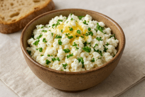 A small bowl of fresh homemade chèvre, lightly mixed with chopped herbs or a drizzle of honey, showcasing creative flavoring options.