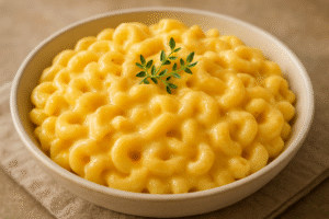 A close-up of a serving of creamy, golden macaroni and cheese, made with goat milk, with a few fresh herbs as garnish.