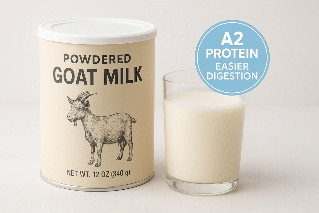 A visual display of a canister of powdered goat milk next to a glass of reconstituted liquid milk and a label highlighting "Easier Digestion."