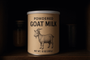 A canister of powdered goat milk placed in a cool, dark kitchen cupboard or pantry, tightly sealed, symbolizing proper long-term storage.