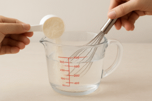 A close-up shot showing the correct 1:4 ratio for reconstitution: one scoop of powder being added to a measuring cup of warm water, avoiding vigorous stirring.