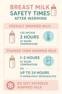 Infographic showing breast milk safety times after warming: use within 2 hours or refrigerate up to 24 hours.