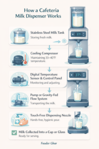 Cafeteria milk dispenser machine working process showing milk tank, cooling system, temperature control, pump flow, and touch-free dispensing.
