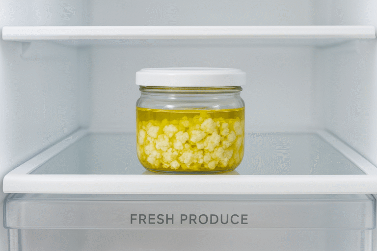 The refrigerator is your best friend for preserving goat cheese freshness. Follow these proven storage steps: Wrap it right: Use wax paper or parchment paper instead of plastic wrap. It allows the cheese to breathe and prevents mold growth. Seal and protect: After wrapping, place it in an airtight container or resealable glass jar. Temperature zone: Store goat cheese in the vegetable drawer or lower middle shelf, where temperatures stay consistent (around 39°F / 4°C). Avoid cross-contamination: Keep cheese away from strong-smelling foods like onions or fish. Goat cheese easily absorbs odors. 💡 Pro Tip: If you’ve opened a pre-packed goat cheese log, replace the plastic wrap with parchment before storing again. This helps maintain natural moisture and prevents the sour, ammonia-like smell that develops from trapped air. 3. How to Store Goat Cheese in the Freezer (for Longer Shelf Life) Freezing goat cheese is safe — but it slightly changes the texture. It becomes crumbly after thawing, which makes it better suited for cooking rather than spreading. Here’s how to freeze it safely: Cut the cheese into 4–6 oz portions for easy use. Wrap each portion in plastic wrap, then place in a freezer-safe bag. Label with date and type. Store flat in the freezer for up to 2–3 months. When ready to use, thaw slowly in the refrigerator overnight for best texture. 👉 For detailed freezing tips, read Can Goat Cheese Be Frozen?. Remember, freezing alters texture, making it crumbly. For best cooking results, learn from our Can Goat Cheese Be Frozen? guide and use thawed cheese in baked dishes. 4. Tips for Storing Fresh Crumbled Goat Cheese