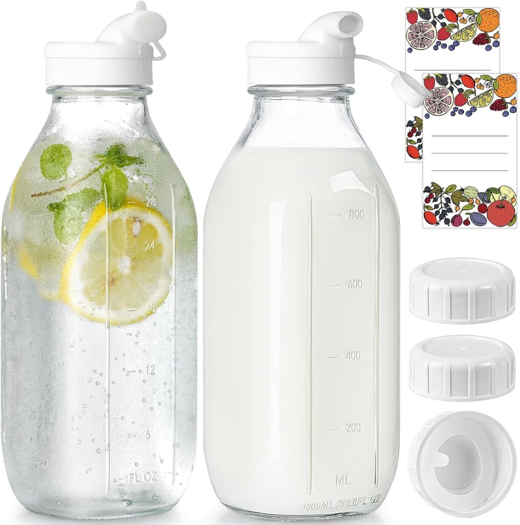 Syntic 32 Oz Glass Milk Bottles with Airtight Lids (2 Pack)