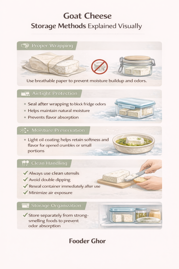 Visual guide showing proper goat cheese storage methods including wrapping, airtight containers, moisture preservation, clean handling, and odor control