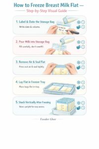 How to freeze breast milk flat step by step visual guide showing labeling, pouring milk into storage bags, removing air, laying flat in freezer tray, and vertical stacking for space saving – Fooder Ghor