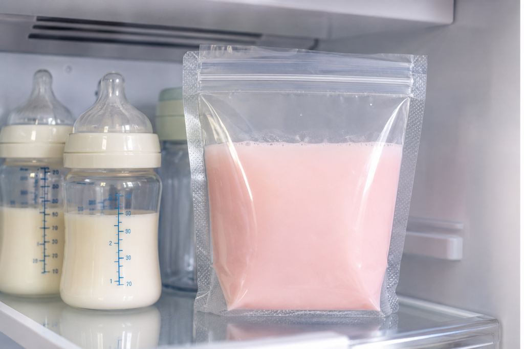 Clear storage bag filled with light pink breast milk sitting on an organized refrigerator shelf.