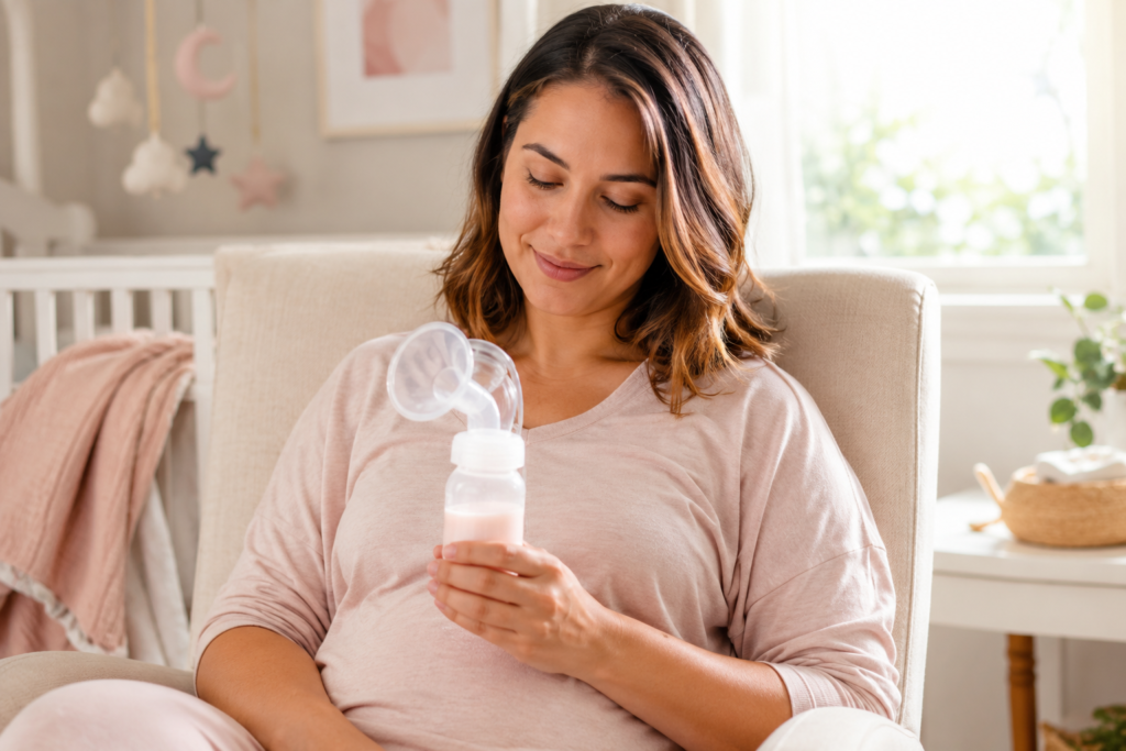 Mother holding a pumping bottle with light pink breast milk inside a bright nursery.