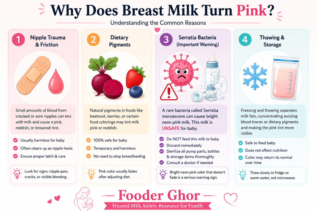 Fooder Ghor educational guide explaining 4 causes of pink breast milk including nipple trauma, diet, Serratia marcescens bacteria, and storage.