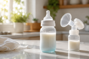 Glass baby bottle containing light blue foremilk on a bright kitchen counter.