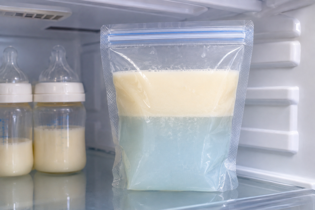 Clear storage bag in refrigerator showing fat separation with light blue milk at the bottom.