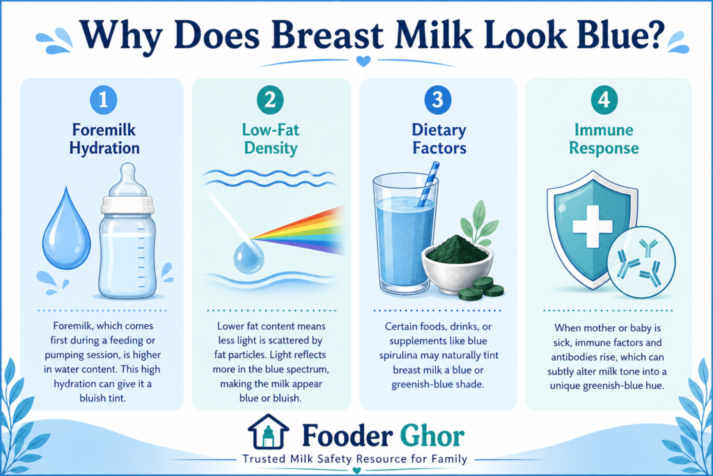 Fooder Ghor educational infographic detailing 4 causes of blue breast milk including foremilk, fat density, diet, and immune factors.